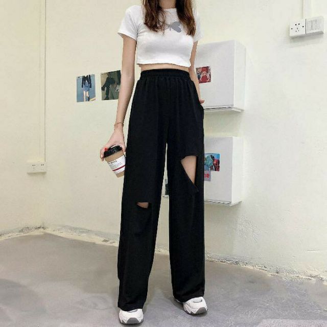 Quần ống suông nỉ 2 rách form đẹp unisex (Ảnh thật)