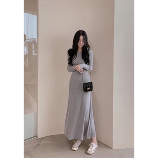 VN889 - VÁY LENZIP DÀI TAY ĐEN GHI PHỐI CÚC EO