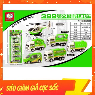 Đồ Chơi Xe Chở Rác Chạy Đà Cót, Gồm 6 Xe Mini Khác Nhau, Màu Xanh Lá Đẹp, Thiết Kế Mô Phỏng Thật