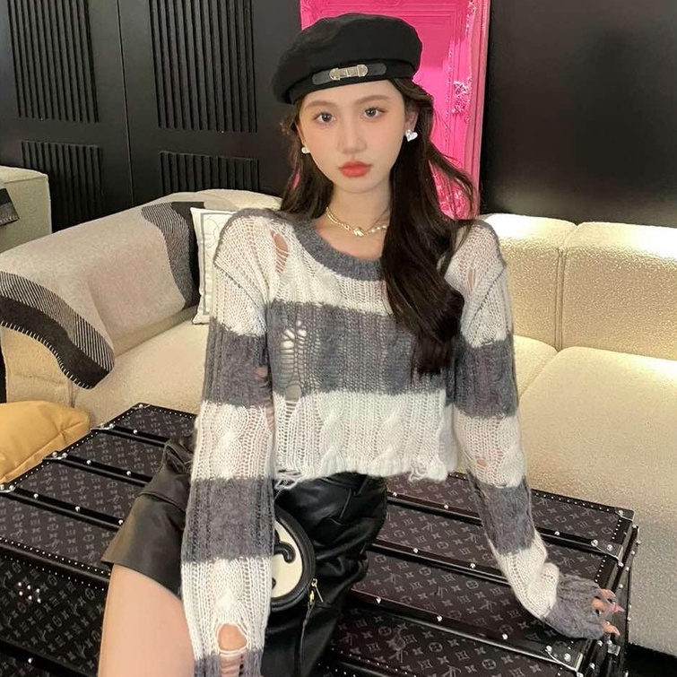 Áo len ZHELIHANGFEI tay dài họa tiết sọc thời trang dễ thương cho nữ