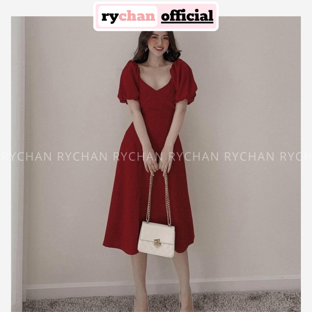 Đầm Đỏ Dự Tiệc Nữ Dáng Dài Cổ Tim Tay Phồng Bo Eo Cực Tôn Da [ẢNH THẬT CUỐI] - DX9742