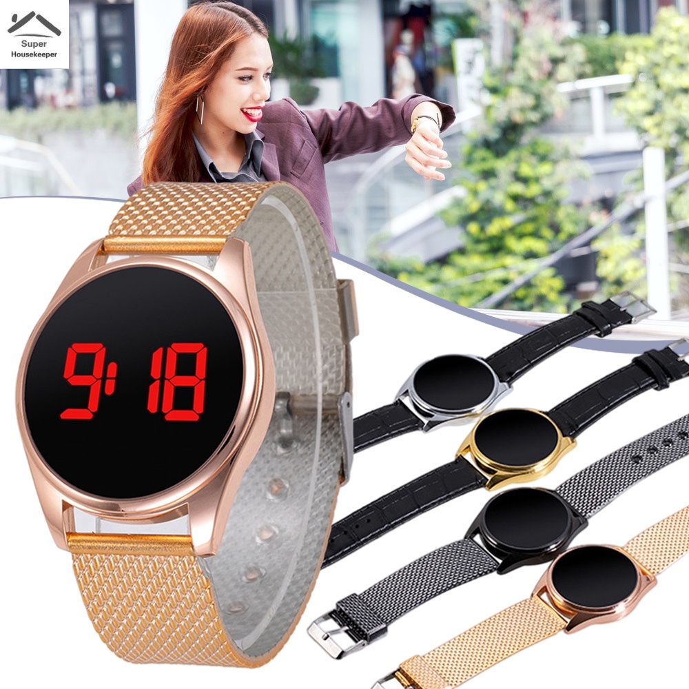 Đồng Hồ Đeo Tay Mặt Tròn LED Cảm Ứng Dây Da PU Màu Đỏ Thanh Lịch Dành Cho Nữ
