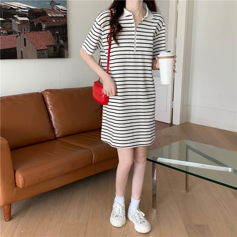 Đầm thun polo IELGY tay ngắn dáng rộng họa tiết kẻ sọc thời trang xinh xắn cho nữ