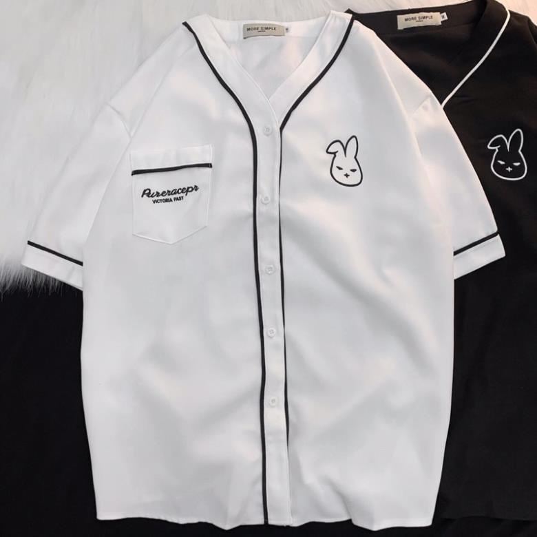 [NEW] Áo Sơ Mi Nữ Form Rộng Tay Ngắn Áo Kiểu Nữ Cổ V  Mềm Mịn Thêu Logo Thỏ ❤️(Hàng Sẵn)