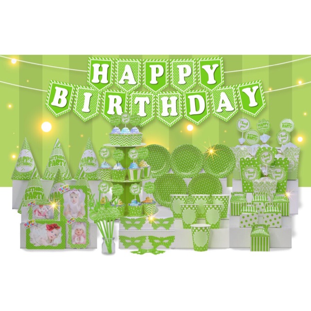 đồ trang trí sinh nhật chủ đề chấm bi xanh lá( tặng kèm 15 vỏ bóng nhũ thái)