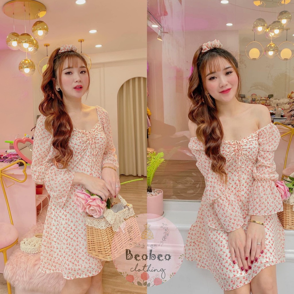 Đầm voan hoa nhí cổ u tay bo loe rút ngực dễ thương