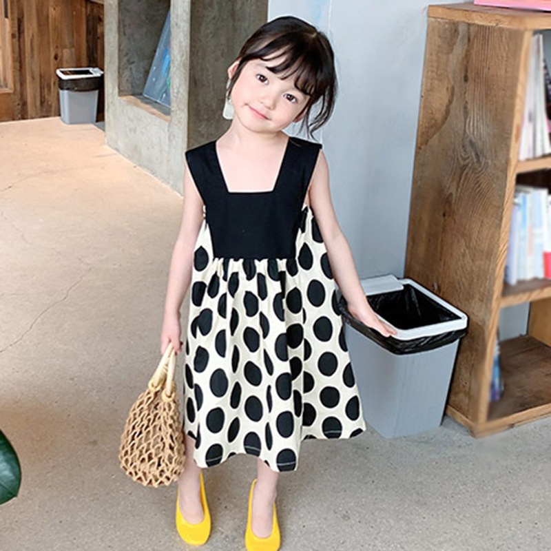 Đầm Công Chúa Hai Dây Cổ Vuông Chấm Bi Se7en Phong Cách Hàn Quốc Cho Bé Gái