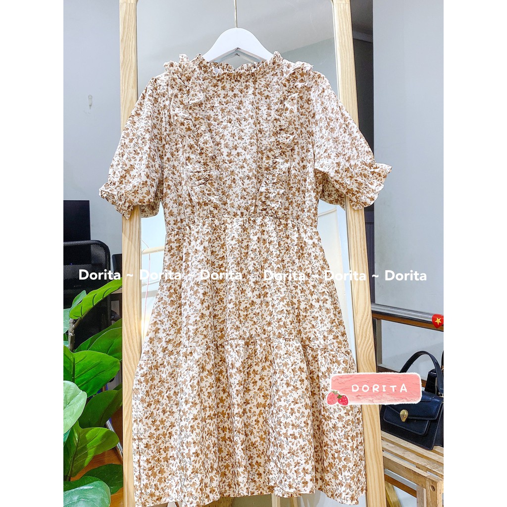 Váy hoa nhí vintage cánh tiên cộc tay Hàn Quốc, Váy hoa nhí dáng xòe bèo ngực - Dorita Boutique