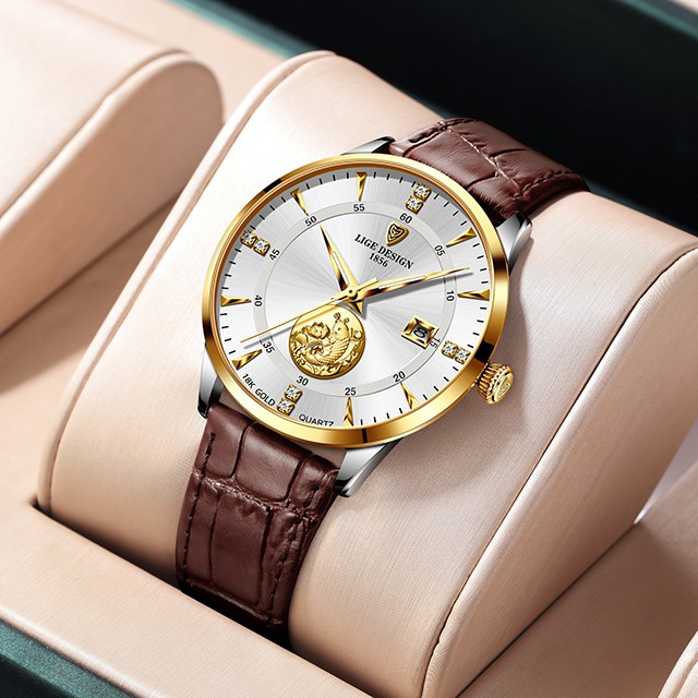 Đồng hồ thạch anh mặt số siêu mỏng 7mm LIGE 2021 có lịch dây da chống nước + Hộp dành cho nam | BigBuy360 - bigbuy360.vn