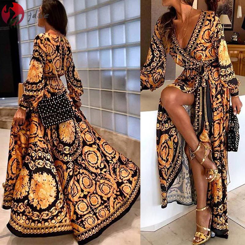 Đầm Maxi Dài Cổ Chữ V In Họa Tiết Phong Cách Boho Thời Trang Mùa Hè Cho Nữ