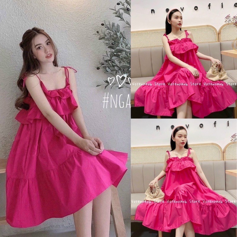 Đầm hồng xoè , Đầm babydoll xoè cổ bèo cột dây