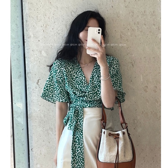 QADCOL Áo Sơ Mi Cổ Chữ V In Hoa Phong Cách Hàn Quốc Thanh Lịch