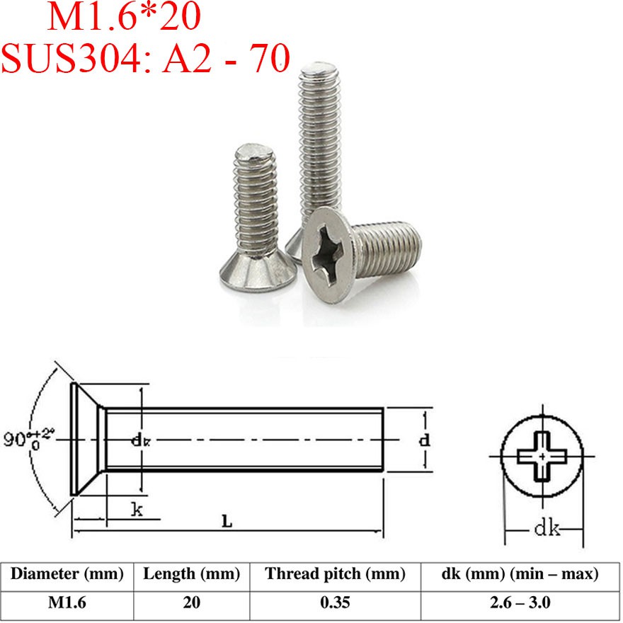 Vít chìm 4 cạnh đầu bằng M1.6. DIN 965, SUS 304 (100 cái)