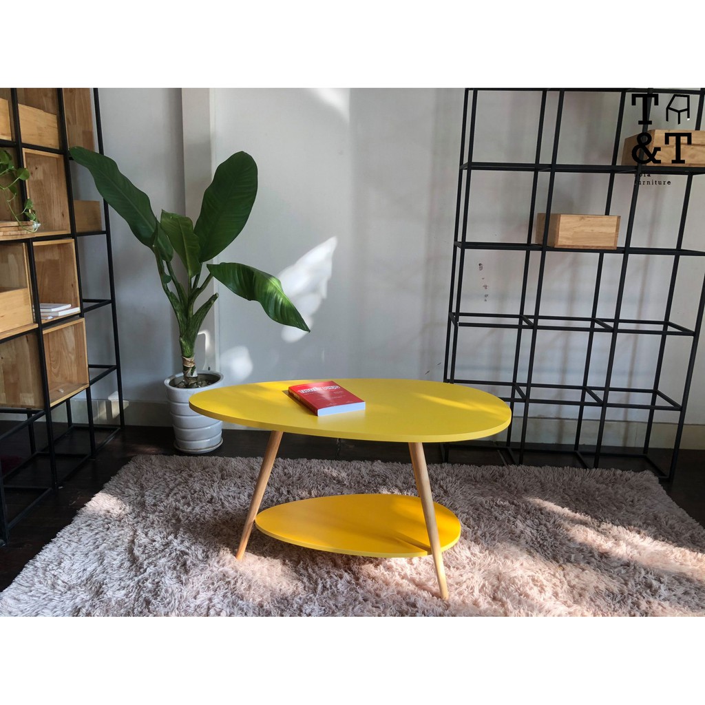 [siêu sale] bàn trà sofa hình trứng 2 tầng màu vàng, màu gỗ tự nhiên