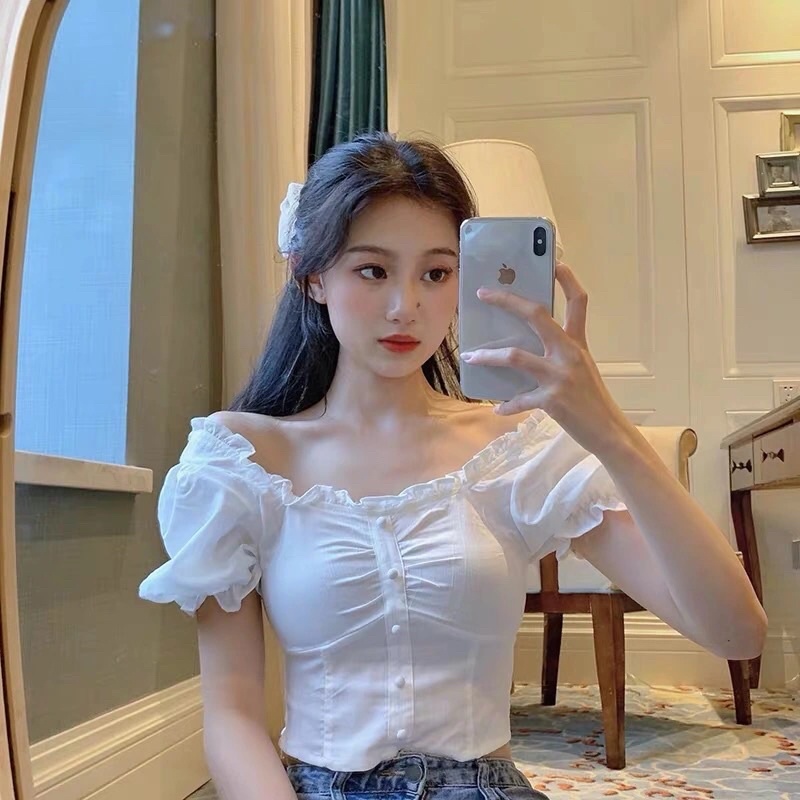Áo Croptop nữ tay ngắn dáng ôm trễ vai phong cách Hàn Quốc mã QD055