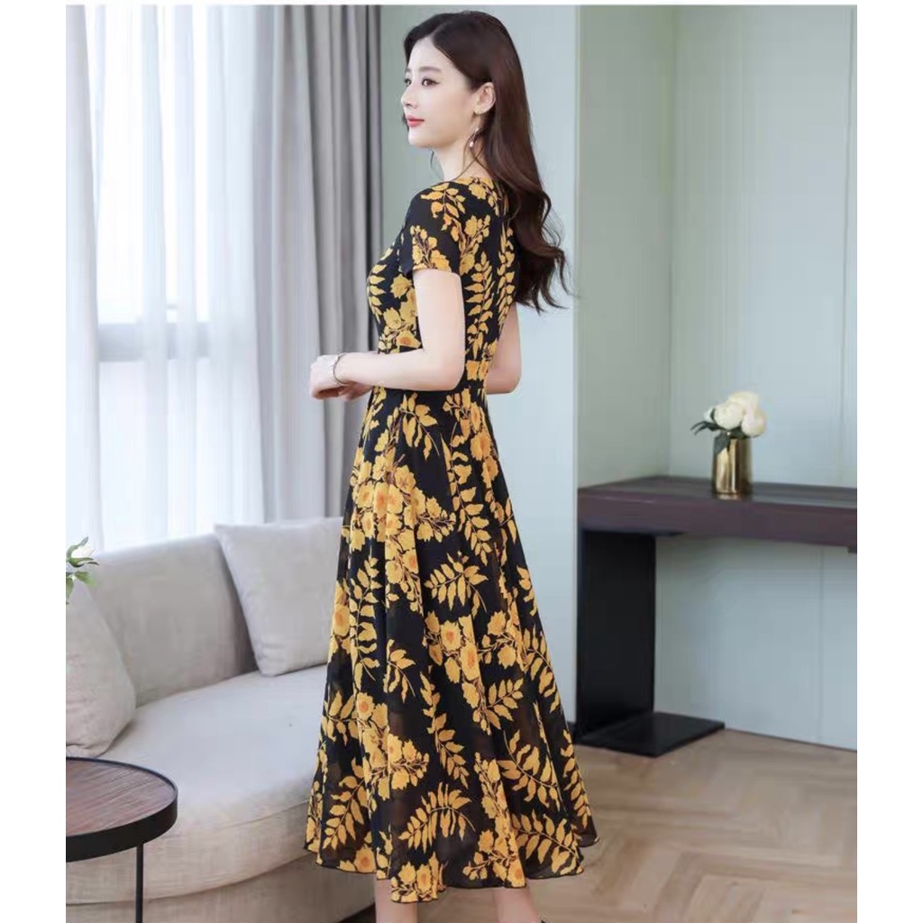 Váy đầm trung niên nữ cho mẹ hoạ tiết dáng dài