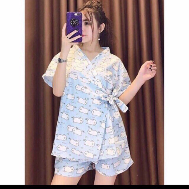 Bộ Kimono Cộc Tay PEONYB Nữ [FREESHIP]  Set pijama buộc nơ in hình cute, quần áo ngủ mặc ở nhà, mùa hè Ulzzang HOT