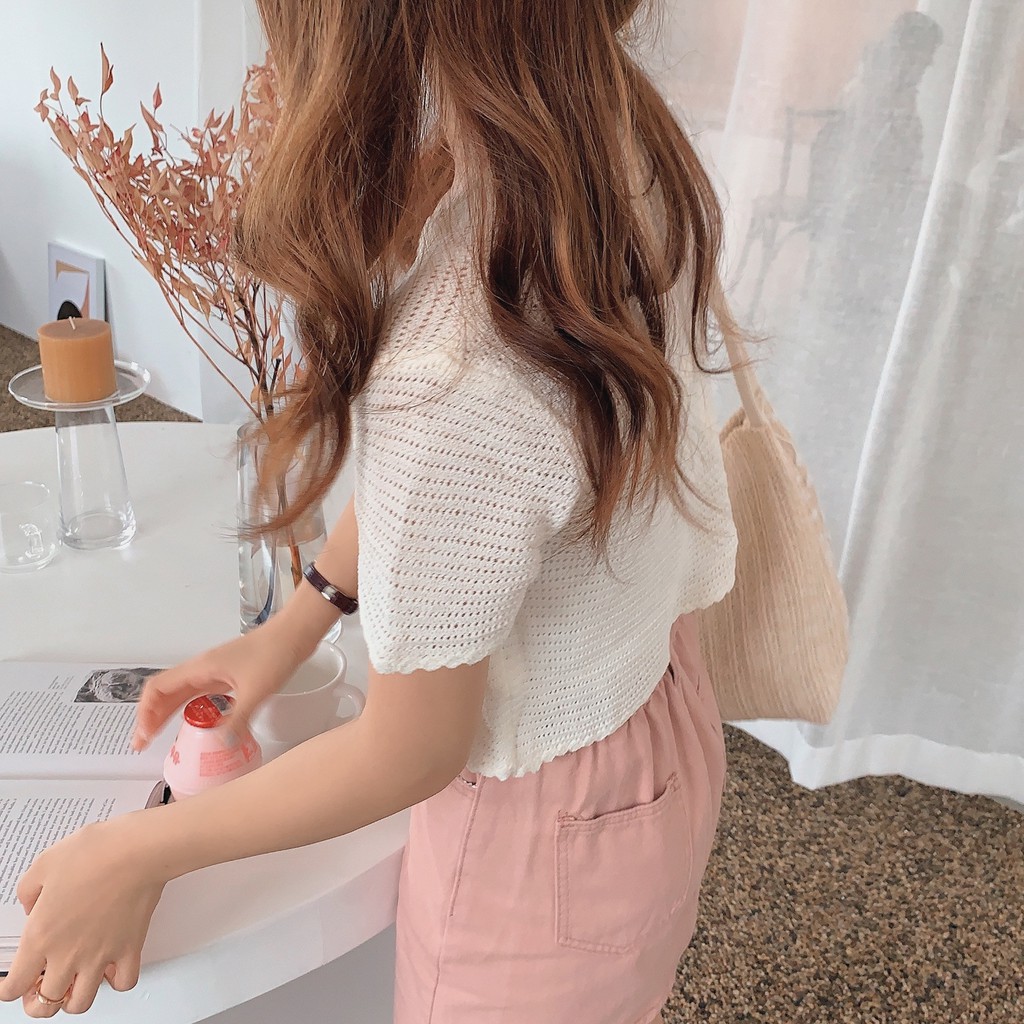 [CÓ SẴN] Áo khoác kiểu len mỏng tay ngắn cài nút màu trắng phom lửng CARDIGAN cài nút xinh xắn