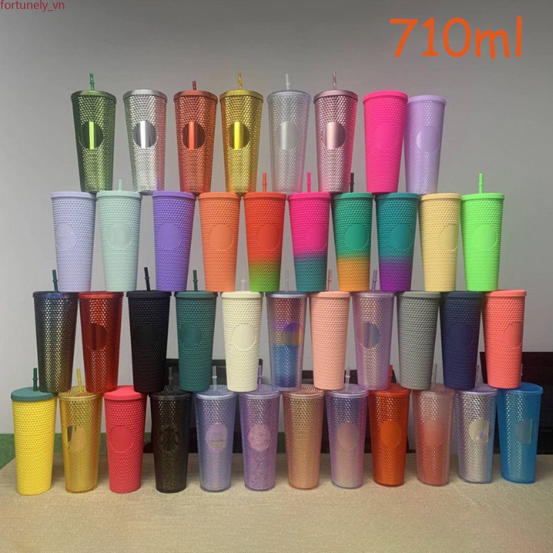 Cốc cà phê hai lớp bằng nhựa thiết kế vân kim cương lấp lánh có logo và ống hút 710ml mùa hè