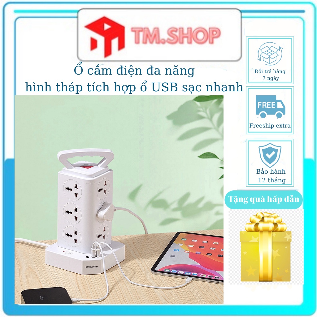 ❁❇Ổ cắm điện đa năng nhiều lỗ tích hợp cổng USB sạc nhanh hình tháp an toàn chống giật, cháy nổ, chịu tải 2500w