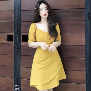 Đầm váy cổ V xếp li eo 3 màu (kèm hình thật)