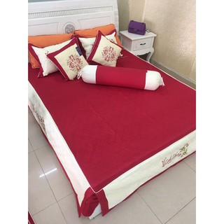Bộ chăn ga gối cưới cotton satin 7 món thêu hoa