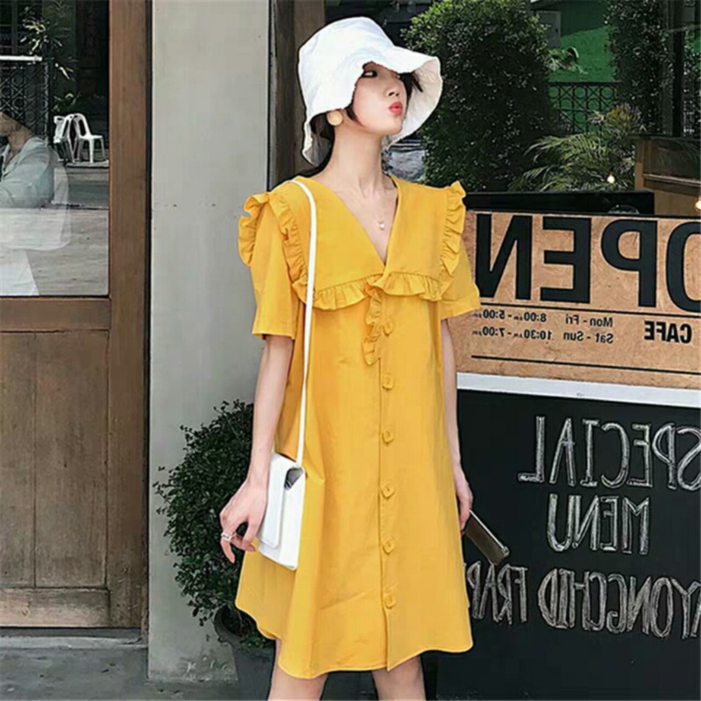 VÁY BẦU, ĐẦM BẦU THỜI TRANG DÁNG XUÔNG CỔ BÈO MÀU VÀNG BH 7