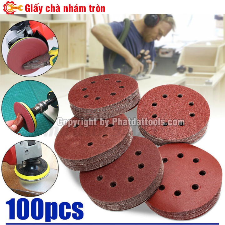 Hộp 100 tờ giấy chà nhám tròn các size 125mm-180mm-230mm-Độ nhám P40-P240