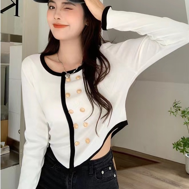 【ZHELIHANGFEI】Áo Khoác Cardigan Dệt Kim Tay Dài Lưng Cao Thời Trang Cho Nữ