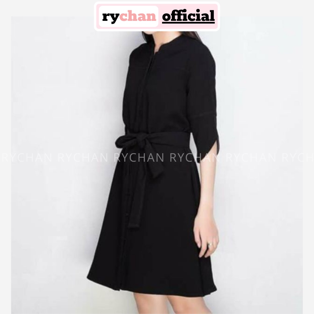DS676 - Đầm Suông Cổ Trụ Cột Nơ Eo Nhiều Màu