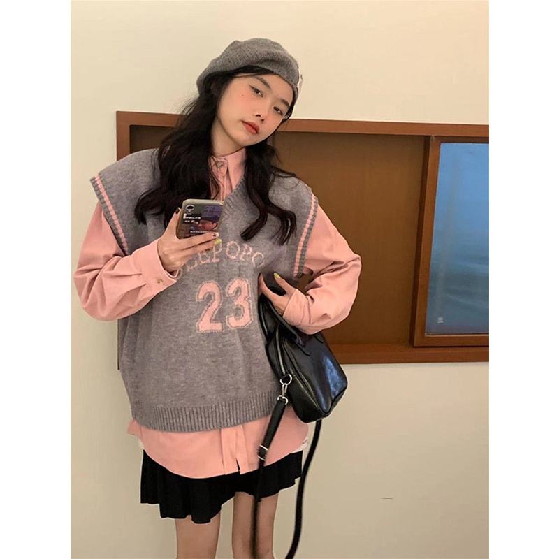 Set áo sơ mi tay dài cổ chữ v số 23 + áo len không tay dáng rộng cho nữ có bán lẻ