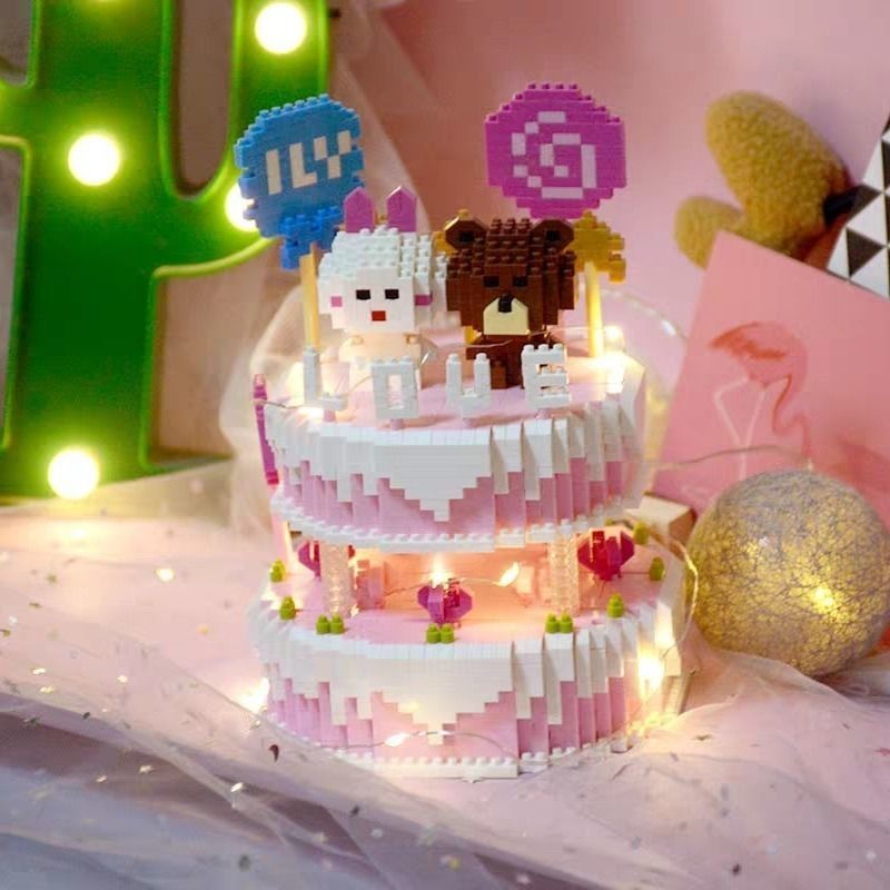 Khối sáng tạo bánh sinh nhật xây dựng đồ chơi lắp ráp thu nhỏ đồ chơi khối xây dựng