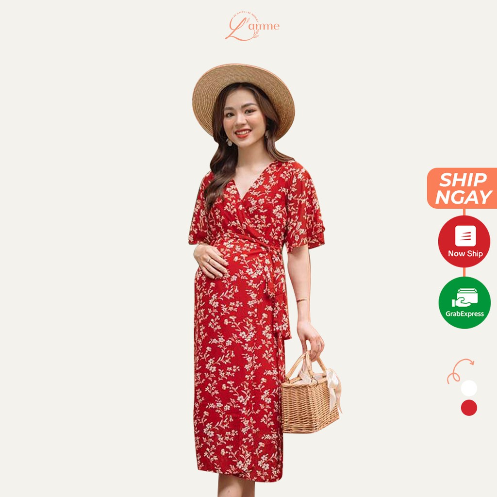 Đầm bầu đẹp Jasmine Dress vải voan mềm, họa tiết hoa nhí đi du lịch, đi chơi thiết kế bởi LAMME