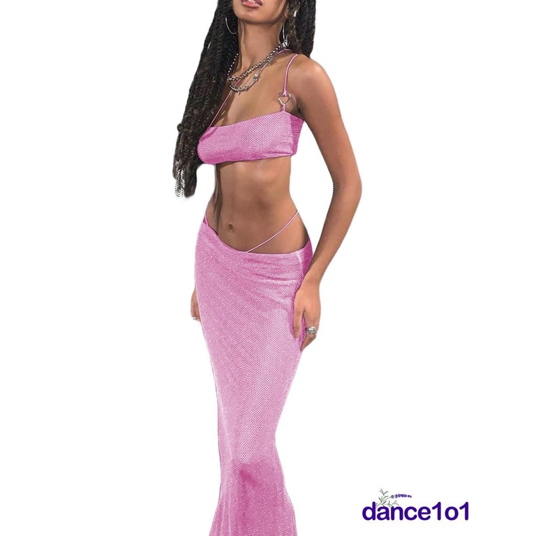 ✪MX❈Women Solid Color Sleeveless Tube Tops+Elastic Long Skirt