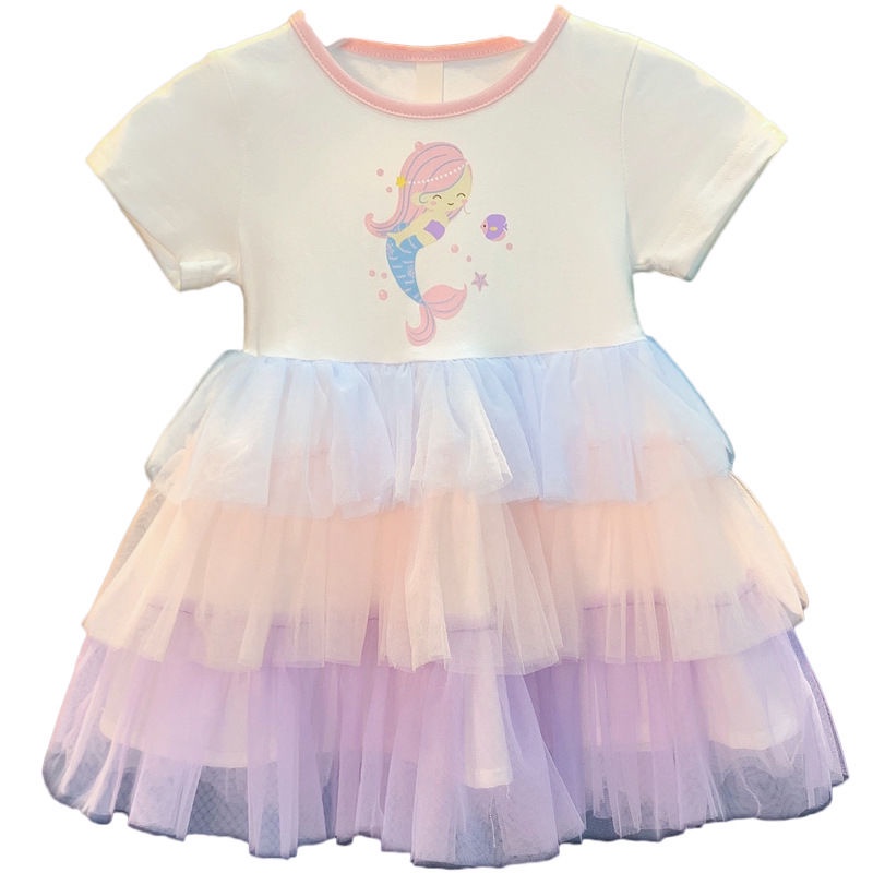 Đầm Công Chúa Tay Ngắn Phối Lưới In Hoạt Hình Kiểu Hàn Quốc Thời Trang Mùa Hè Cho Bé Gái