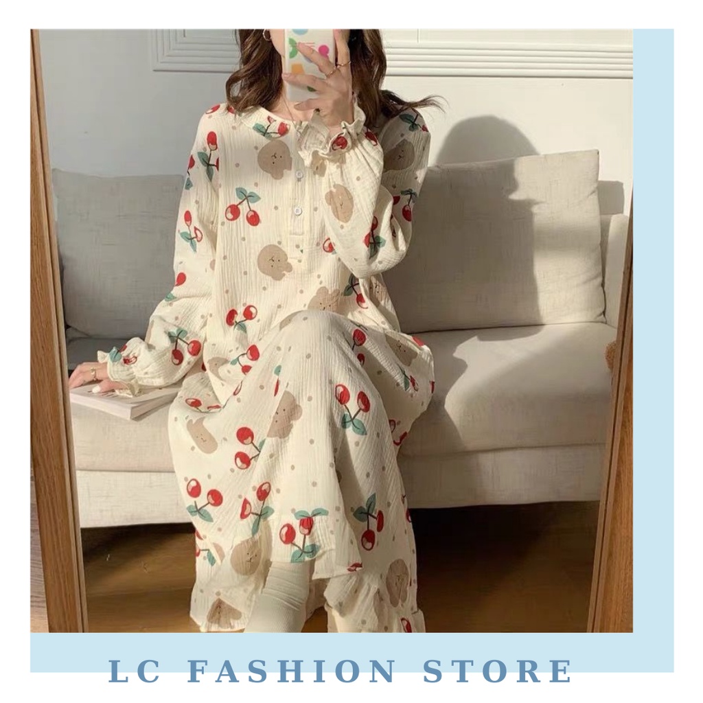 THANH LÝ Váy đầm ngủ cherry mẫu mới trong bộ sưu tập thu đông của LC Fashion Store vải đũi nhăn mềm mại dễ chịu