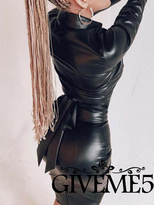 Đầm Da Pu Cổ V Dài Tay Quyến Rũ Cho Nữ