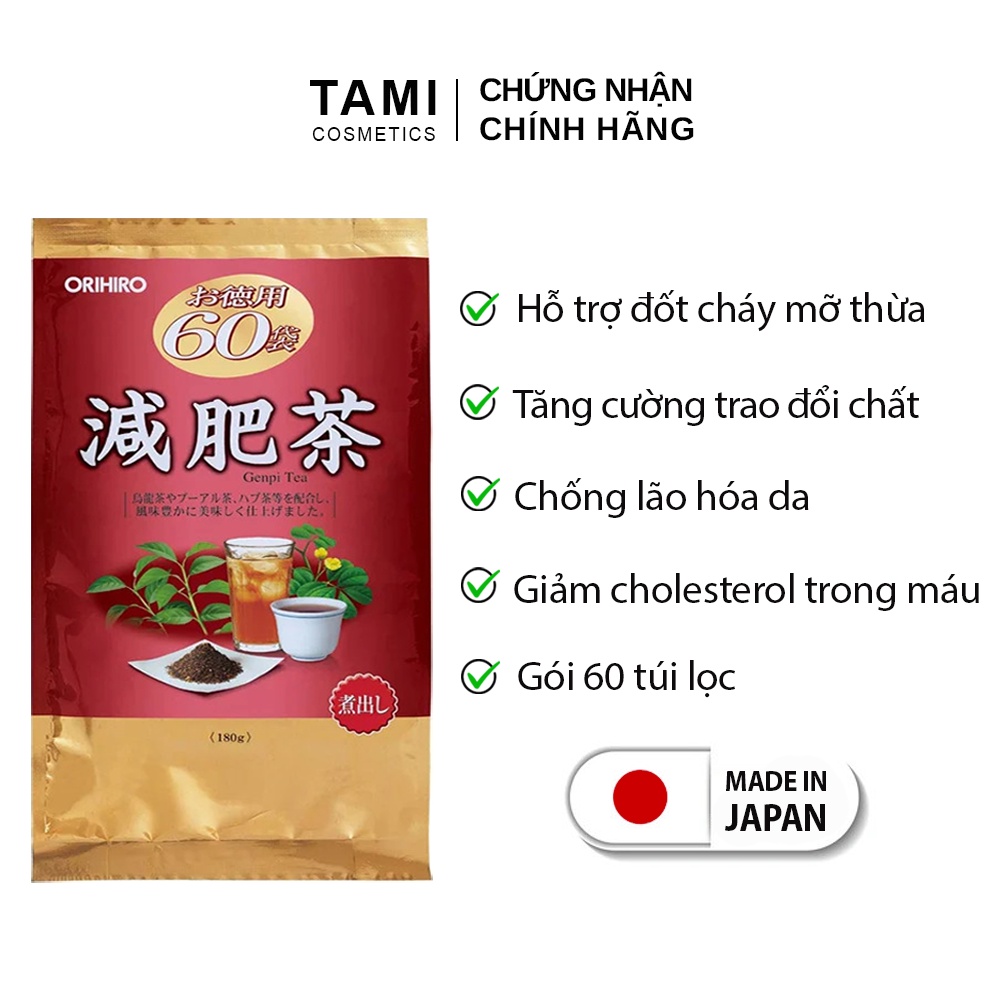 Trà giảm mỡ bụng Genpi Orihiro Nhật Bản hỗ trợ giảm béo, mỡ bắp tay và đùi, chống oxy hoá gói 60 túi lọc TM-OR-GEN01
