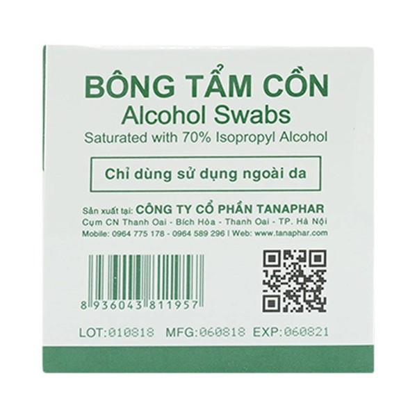 Bông tẩm cồn TANAPHAR 2 lớp (Hộp 100 miếng) làm sạch, khử trùng da để lau điện thoại, lau tay khi mở cửa, khi bấm thang