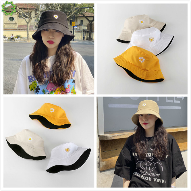 Nón vành che nắng hai mặt thêu hoa cúc xinh xắn thời trang cho nam và nữ