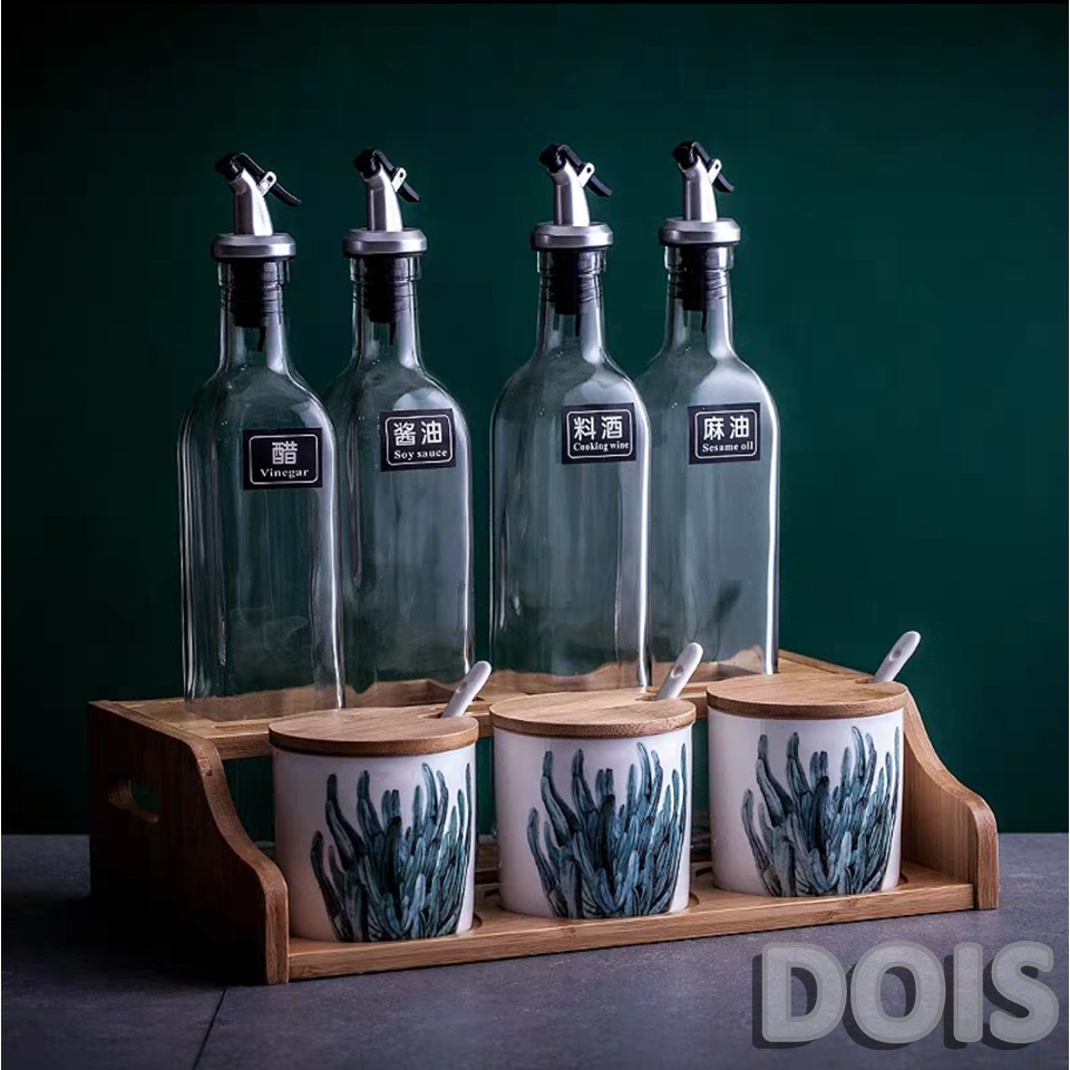 Full Bộ Kệ gỗ, Chai thủy tinh và Hũ đựng gia vị (mắm, muối, dầu ăn, mì chính....) cao cấp / DOIS | BigBuy360 - bigbuy360.vn