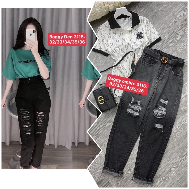 Quần Baggy Cotton Lưng Cao Trên Rốn, Rách Te Tua, Xám Ombre/ĐEN TUYỀN