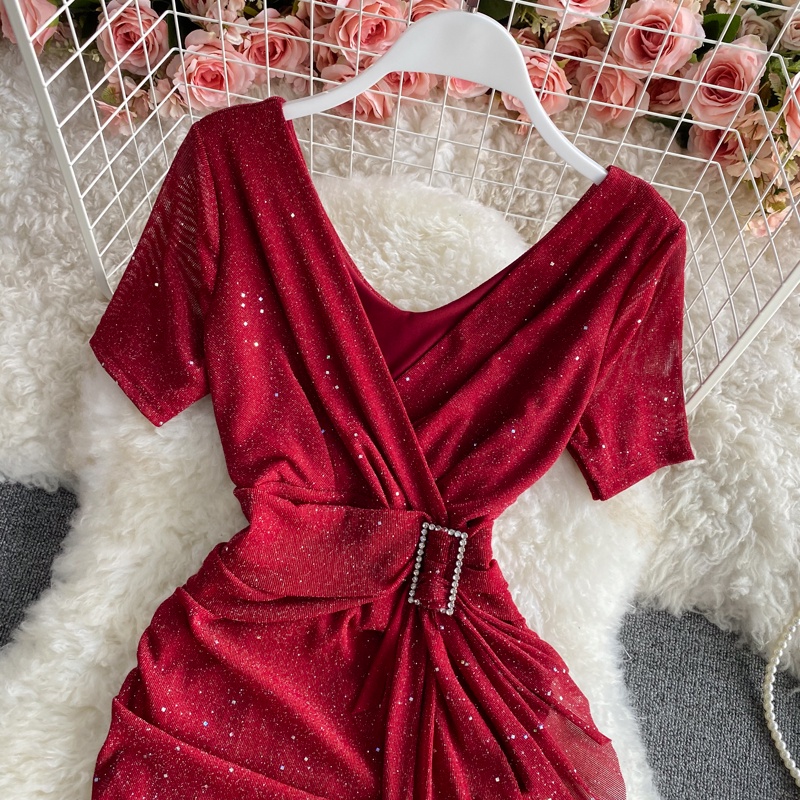 🌸Hàng Order🌸 Váy Đầm Body Cổ V Thắt Eo Đính Đá Lấp Lánh Sang Chảnh Nữ Tính🌸Hàng Quảng Châu