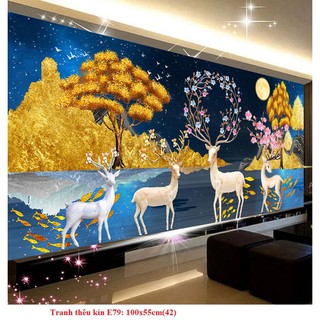 Tranh thêu chữ thập hươu tài lộc tuyệt đẹp 100*55cm thêu kín