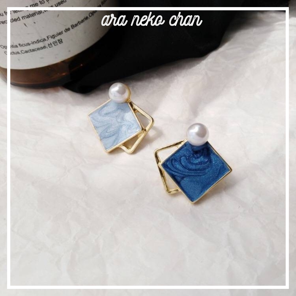 Bông Tai Họa Tiết Vuông Màu Xanh Marble Sang Trọng Dành Cho Nữ