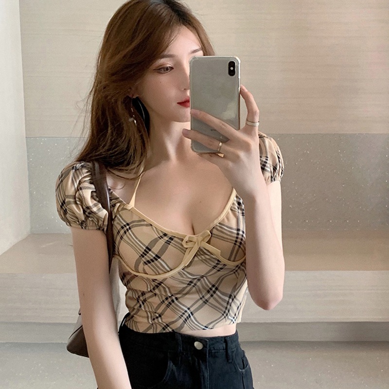 Áo Kiểu Tay Ngắn Kẻ Ca-Rô Trẻ Trung Quyến Rũ Hợp Thời Trang Cho Nữ