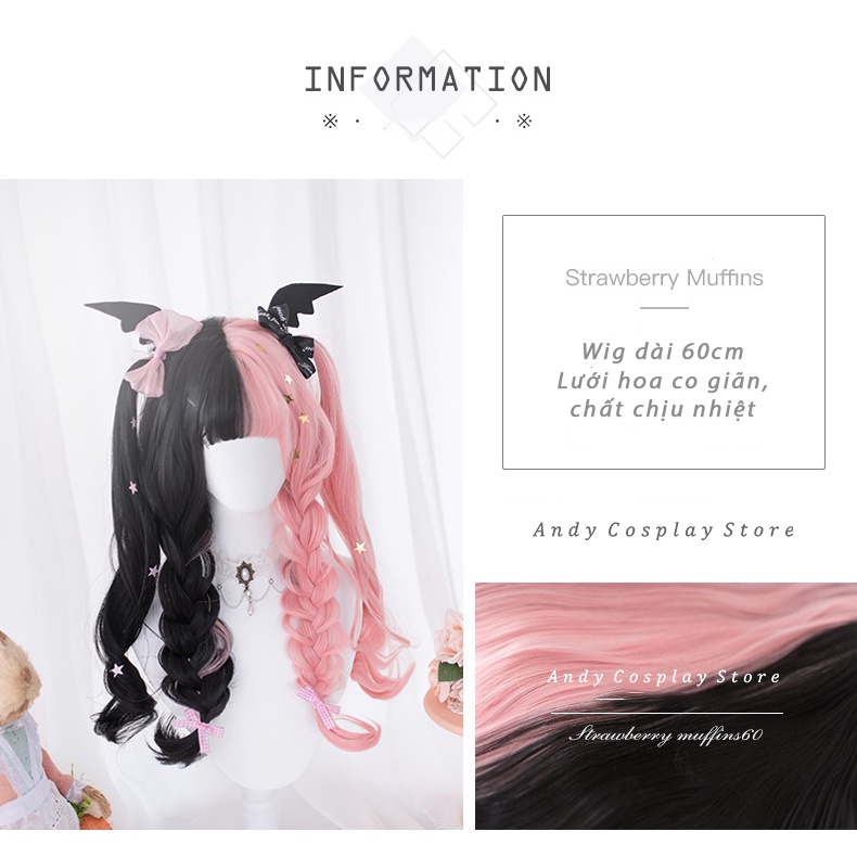 Wig teen/ tóc giả đen hồng Strawberry Muffins Alice Garden