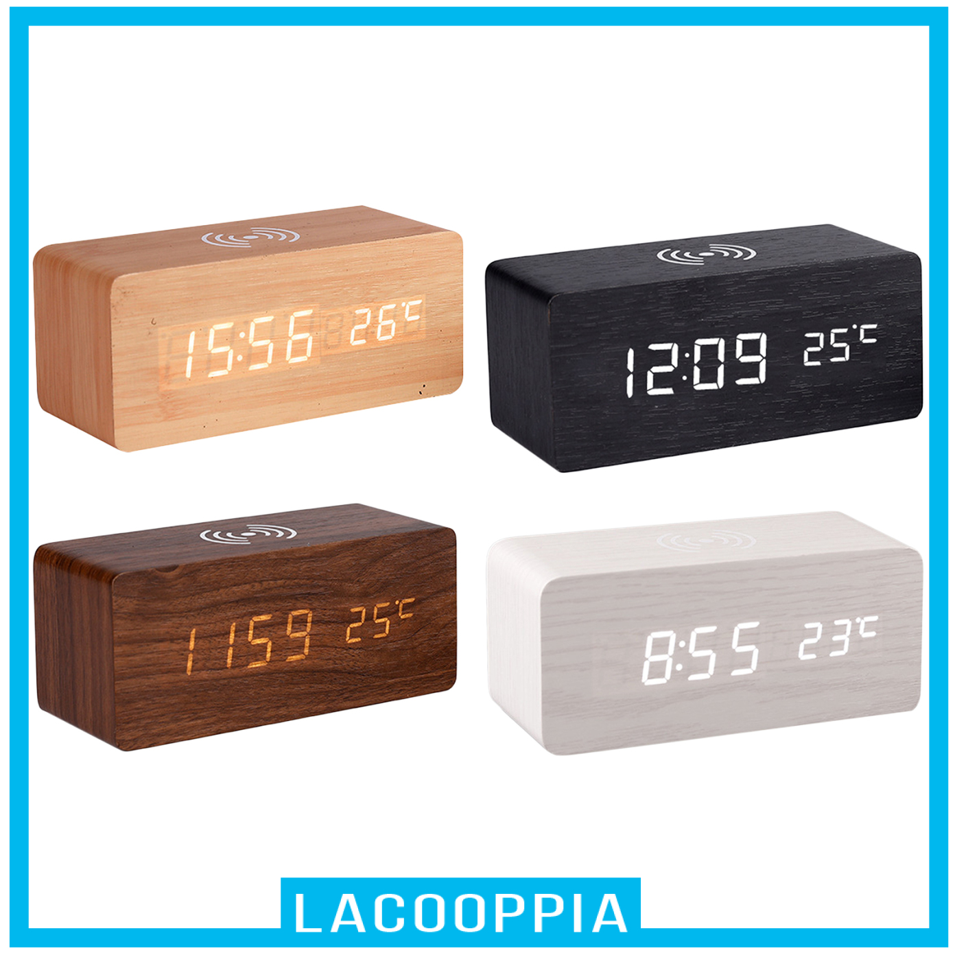 Digital Alarm Clock &amp; Wooden Electronic LED Time Display Temperature Detect