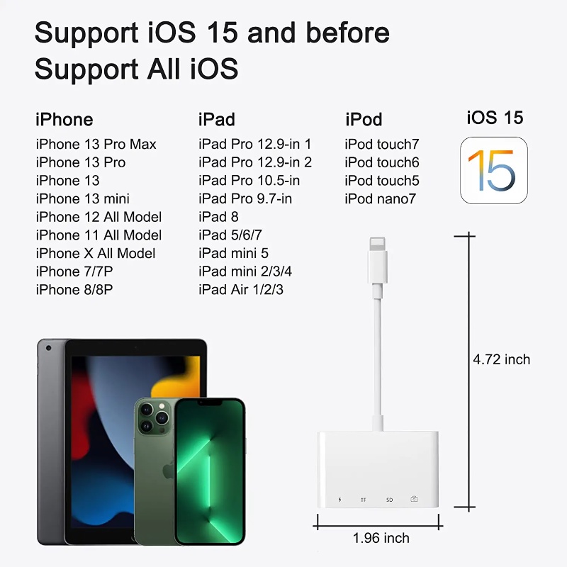 Đầu Đọc Thẻ Nhớ SD TF 4 Trong 1 USB OTG Cho iphone / iPad / iPad / iphone 14 13 pro max 12 11 xs xr 8plus