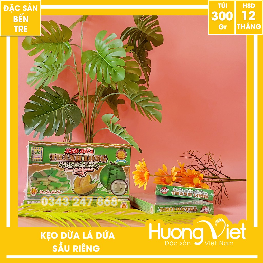 Kẹo dừa lá dứa sầu riêng Thanh Long 300g, kẹo dừa Bến Tre gia truyền, đặc sản kẹo dừa truyền thống
